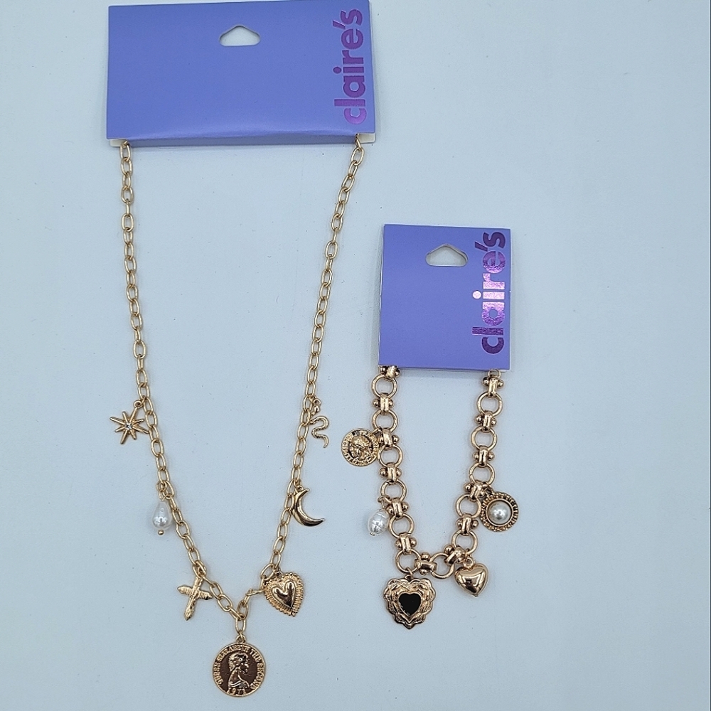 Claire's Gold Charm Necklace & Bracelet Set NEW #0003